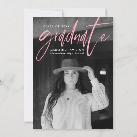 Handgeschreven roze penseelscript 4 foto Afstudere Aankondiging (Voorkant)