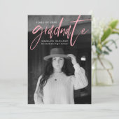 Handgeschreven roze penseelscript 4 foto Afstudere Aankondiging (Staand voorkant)