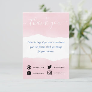 Handgeschreven roze waterverf bedankt dat je kaart