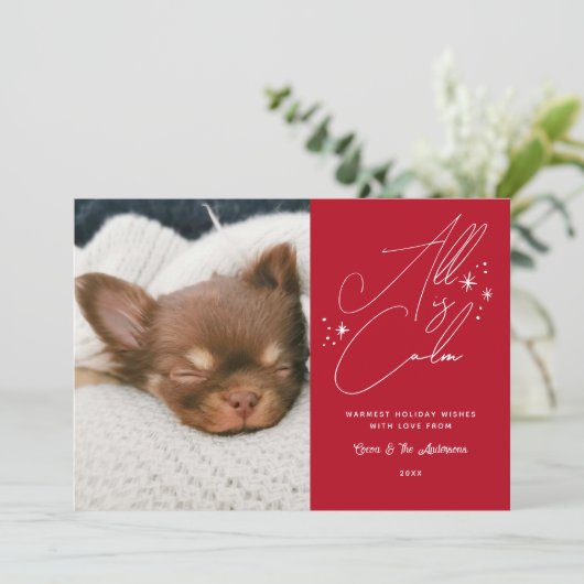 Handgeschreven script Alles is rustig huisdier fot Feestdagenkaart (Staand voorkant)