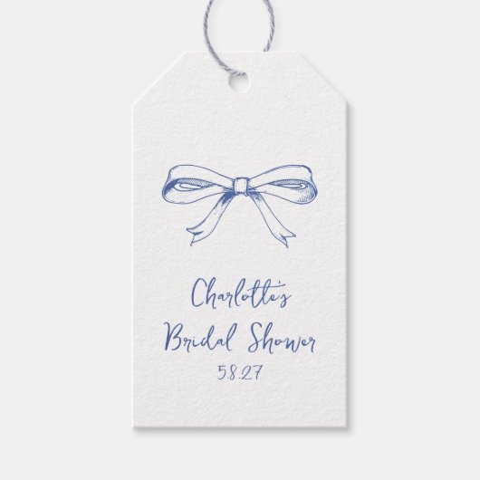 Handgeschreven Script Coquette Bow Blue Vrijgezell Cadeaulabel (Voorkant)