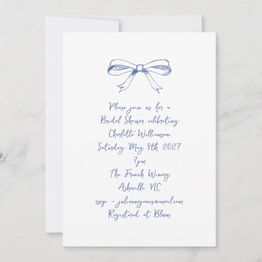 Handgeschreven Script Coquette Bow Blue Vrijgezell Kaart (Voorkant)