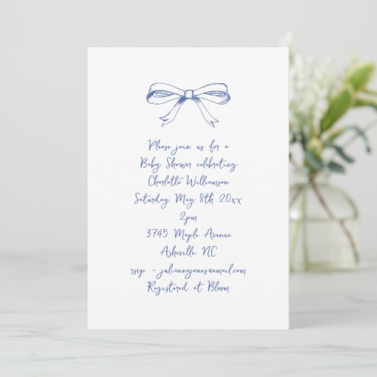 Handgeschreven Script Coquette Strik Blauwe Baby S Kaart (Staand voorkant)