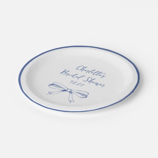 Handgeschreven Script Coquette Strik Blauwe Bruids Papieren Bordje (Gekanteld)