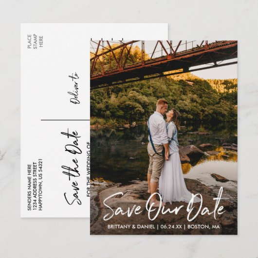 Handgeschreven Script Couple Photo Save Our Date Briefkaart (Voorkant / Achterkant)