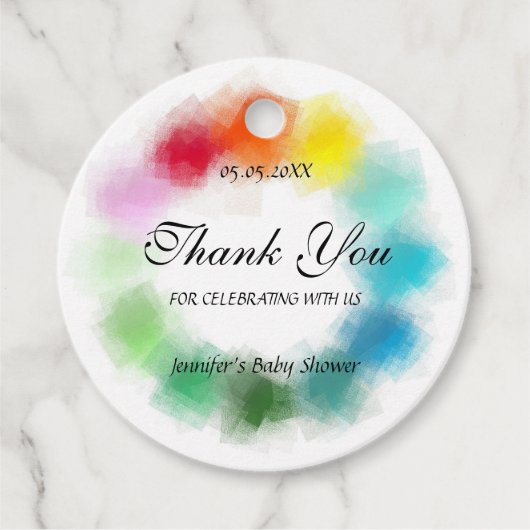 Handgeschreven script Dank u Kleurrijk Baby shower Bedankjes Labels (Voorkant)