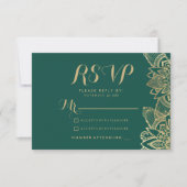 Handgeschreven script donkergroen gouden mandala R RSVP Kaartje (Voorkant)