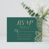 Handgeschreven script donkergroen gouden mandala R RSVP Kaartje (Staand voorkant)