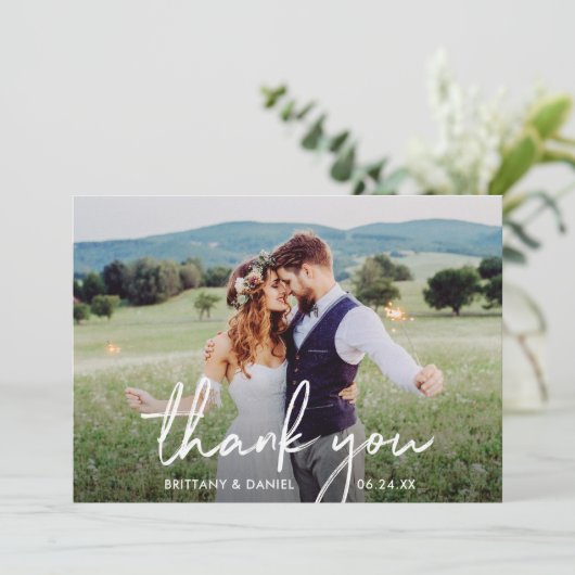 Handgeschreven script foto bruiloft bedankkaart (Staand voorkant)