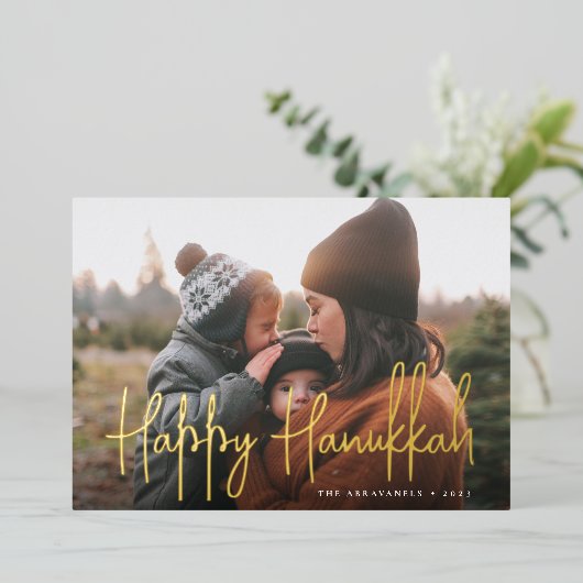 Handgeschreven script Full Photo Hanukkah Folie Feestdagenkaart (Staand Voorkant)
