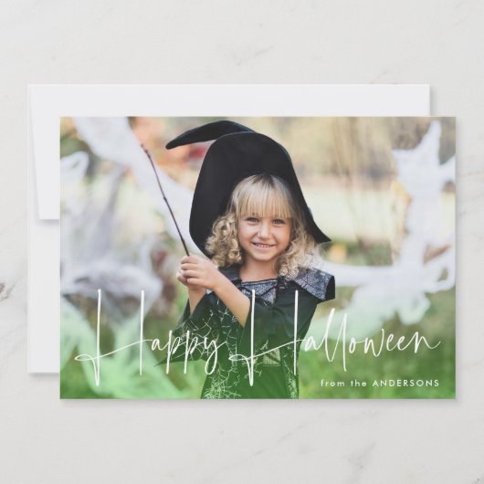 Handgeschreven Script Green Happy Halloween Foto Feestdagenkaart (Voorkant)