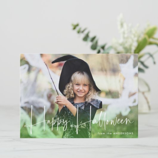 Handgeschreven Script Green Happy Halloween Foto Feestdagenkaart (Staand voorkant)