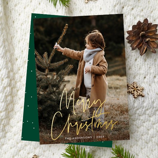 Handgeschreven Script Green Merry Christmas Photo Folie Feestdagenkaart