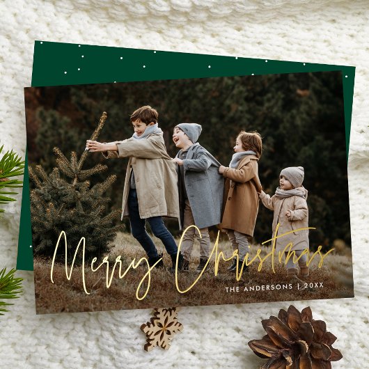 Handgeschreven Script Green Merry Christmas Photo Folie Feestdagenkaart