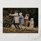 Handgeschreven Script Green Merry Christmas Photo Folie Feestdagenkaart (Voorkant)