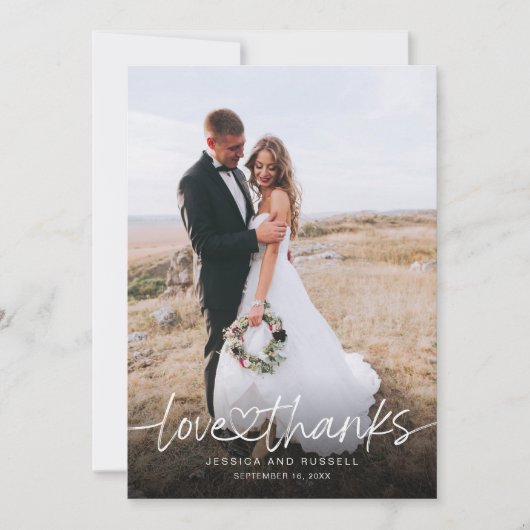 Handgeschreven script met hartfoto's bruiloft bedankkaart (Voorkant)