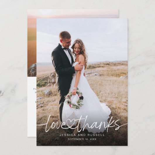 Handgeschreven script met hartfoto's bruiloft bedankkaart (Voorkant / Achterkant)