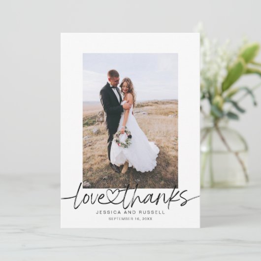 Handgeschreven script met hartfoto's bruiloft bedankkaart (Staand voorkant)