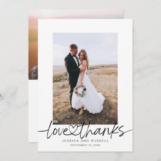 Handgeschreven script met hartfoto's bruiloft bedankkaart (Voorkant / Achterkant)