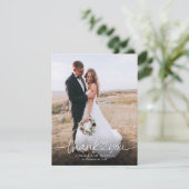 Handgeschreven script met hartfoto's bruiloft bedankkaart (Staand voorkant)