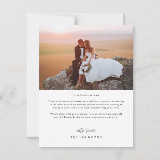 Handgeschreven script met hartfoto's bruiloft bedankkaart (Achterkant)