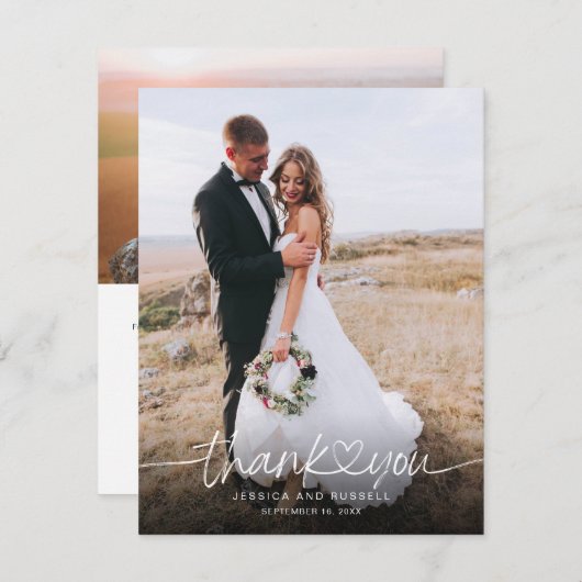 Handgeschreven script met hartfoto's bruiloft bedankkaart (Voorkant / Achterkant)