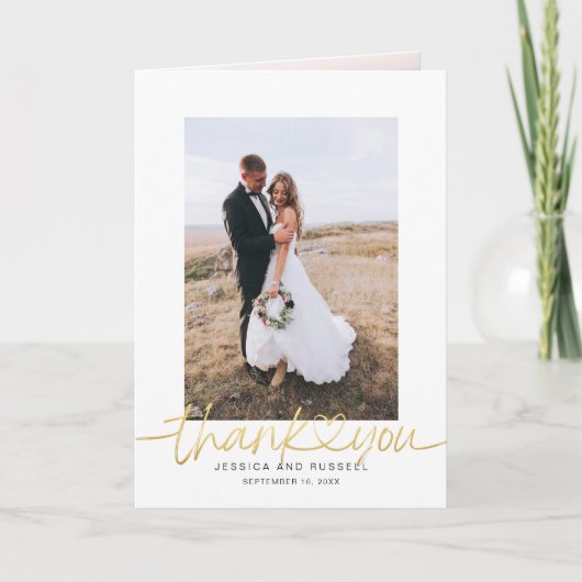 Handgeschreven script met hartfoto's bruiloft bedankkaart (Voorkant)