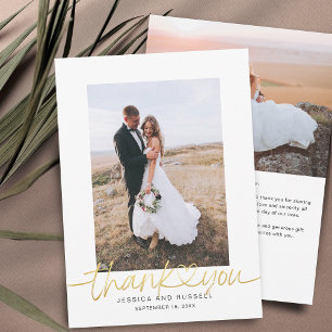 Handgeschreven script met hartfoto's Trouwen Bedankkaart