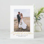 Handgeschreven script met hartfoto's Trouwen Bedankkaart (Staand voorkant)