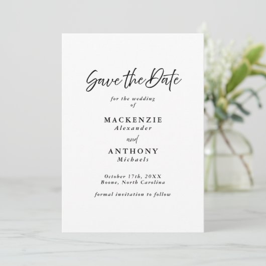 Handgeschreven Script Modern Elegant Zwart & Wit Save The Date (Staand voorkant)