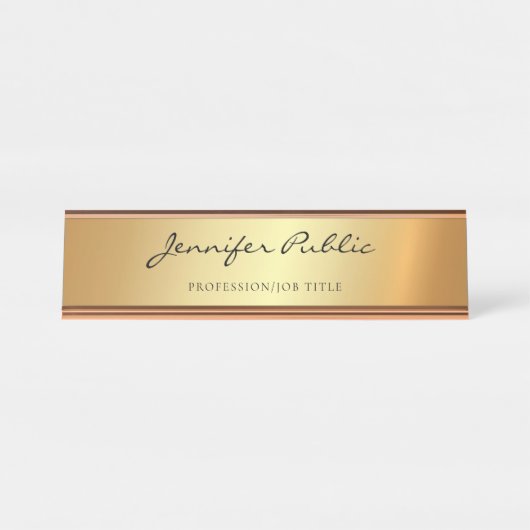 Handgeschreven Script Modern Goud Glamour Sjabloon Bureau Naambordje (Voorkant)