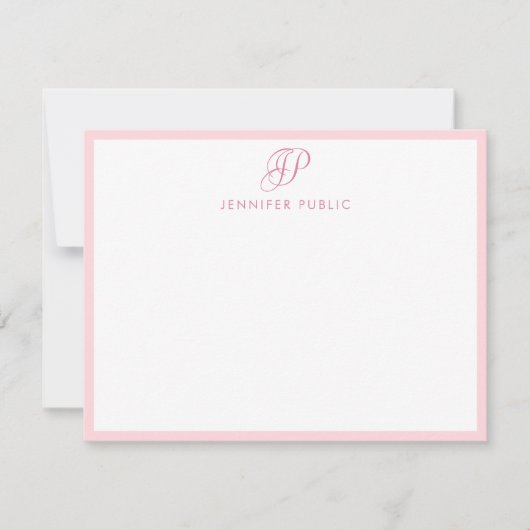 Handgeschreven Script Monogram Stijlvol Blush Roze Notitiekaartje (Voorkant)