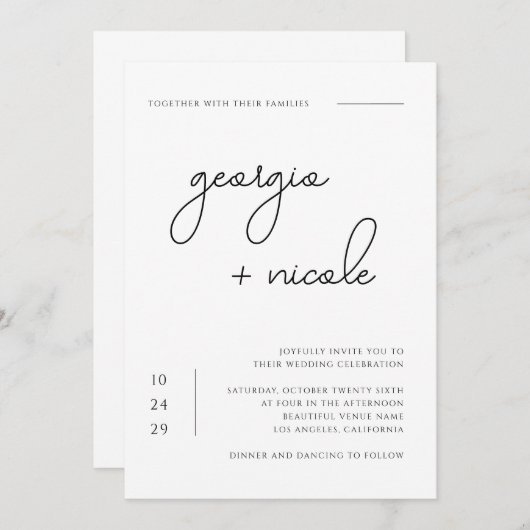 Handgeschreven Script Namen Zwart-wit Bruiloft Kaart (Voorkant / Achterkant)