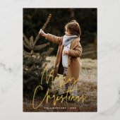 Handgeschreven Script Navy Merry Christmas Foto Folie Feestdagenkaart (Voorkant)