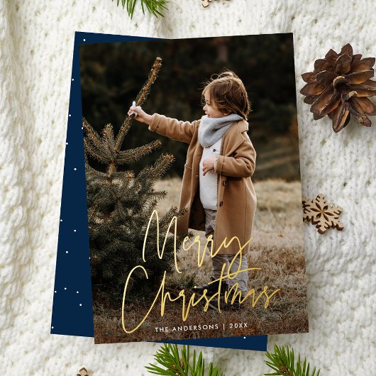 Handgeschreven Script Navy Merry Christmas Foto Folie Feestdagenkaart
