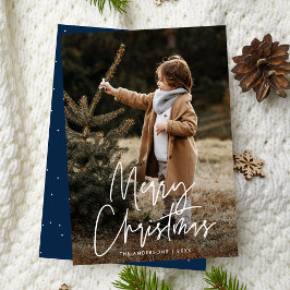 Handgeschreven script Navy Prettig Kerstmis Foto Feestdagenkaart
