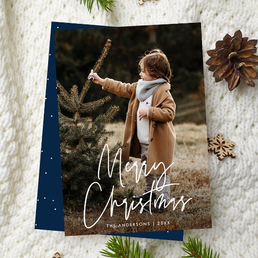 Handgeschreven script Navy Prettig Kerstmis Foto Feestdagenkaart