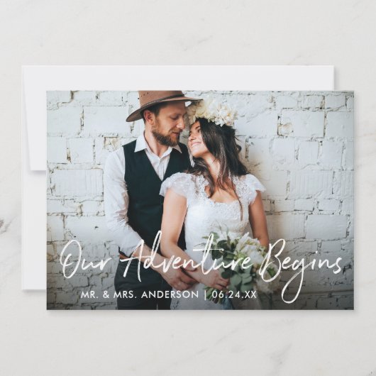 Handgeschreven script Ons avontuur begint huwelijk Bedankkaart (Voorkant)