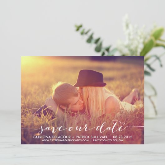 Handgeschreven script onze datumaankondiging opsla save the date (Staand voorkant)