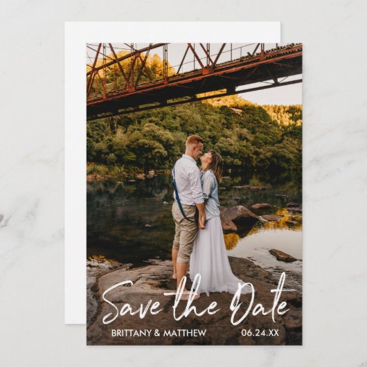 Handgeschreven script Opslaan Datum gekoppelde fot Save The Date (Voorkant / Achterkant)