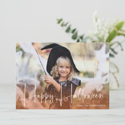 Handgeschreven script Oranje Fijne Halloween-foto Feestdagenkaart (Staand voorkant)