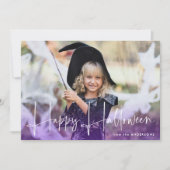 Handgeschreven Script Paarse Happy Halloween Foto Feestdagenkaart (Voorkant)
