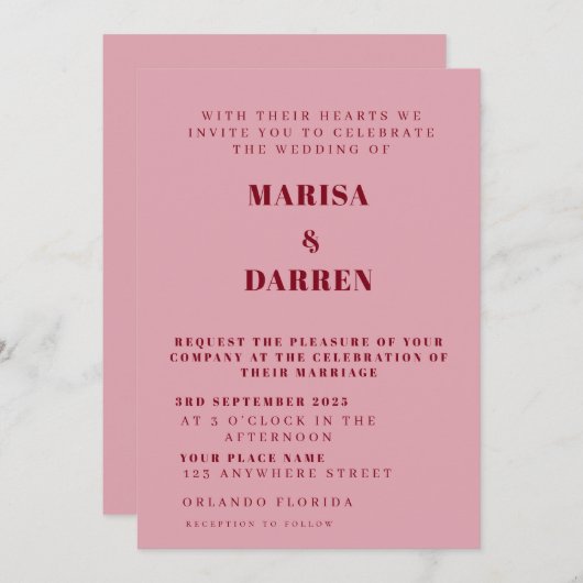 Handgeschreven Script Pink & Red Custom Wedding Kaart (Voorkant / Achterkant)