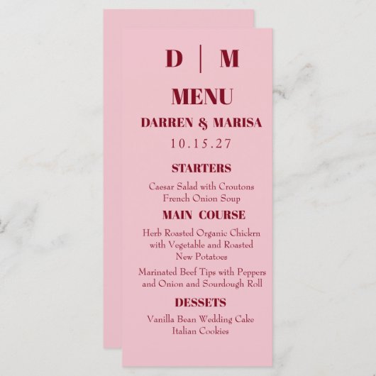 Handgeschreven Script Pink & Red Custom Wedding Menu (Voorkant / Achterkant)