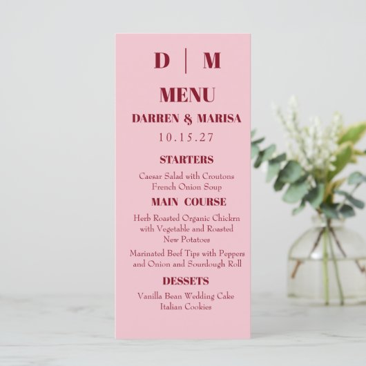 Handgeschreven Script Pink & Red Custom Wedding Menu (Staand voorkant)