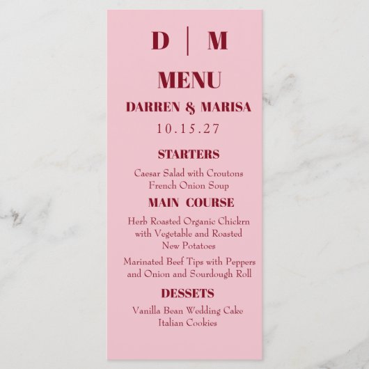 Handgeschreven Script Pink & Red Custom Wedding Menu (Voorkant)