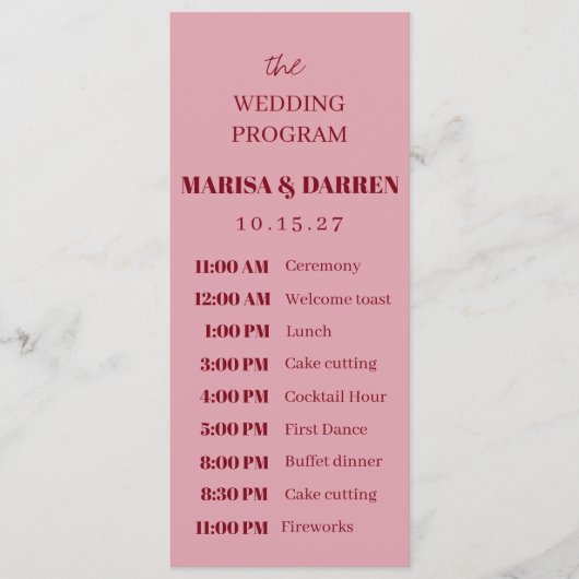 Handgeschreven Script Pink & Red Custom Wedding Programmakaart (Voorkant)