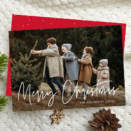 Handgeschreven Script Red Merry Christmas Photo Feestdagenkaart