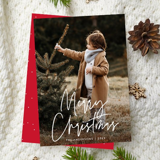 Handgeschreven Script Red Merry Christmas Photo Feestdagenkaart