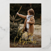 Handgeschreven Script Red Merry Christmas Photo Folie Feestdagenkaart (Voorkant)